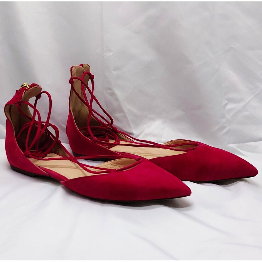 J.CREW Fuchsia Suede Pointed Toe Lace-Up Flats Ankle Wrap Back Zipper 6.5